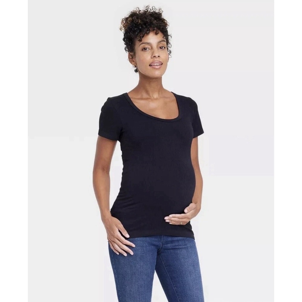 Short Sleeve Seamless Ribbed Scoop Neck T-Shirt Isabel Maternity Black XXL 2XL